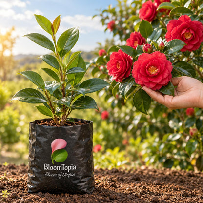 Illustration comparing young Rare Red Hybrid Camellia nursery growth with a mature plant.