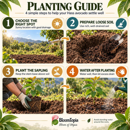 Step-by-step planting illustration for Hass Avocado.