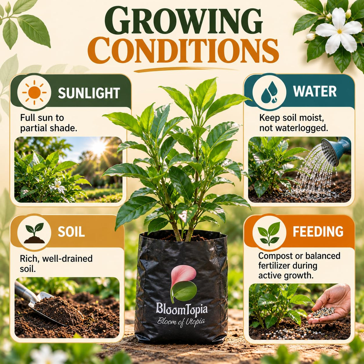 Sunlight, water, soil and feeding guide for Tagar Crape Jasmine.