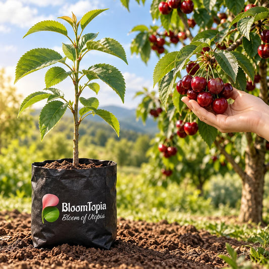 Illustration comparing young Sweet Variety Cherry nursery growth with a mature plant.