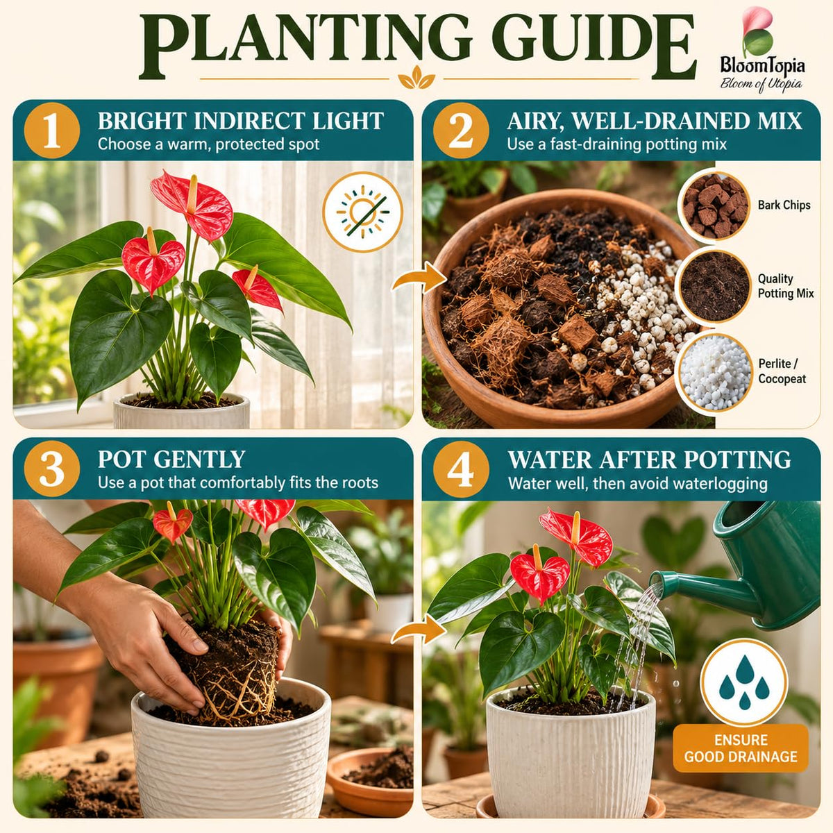 Four-step planting illustration for Anthurium Red.