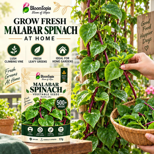 Illustrated Malabar spinach vine beside its seed pack.
