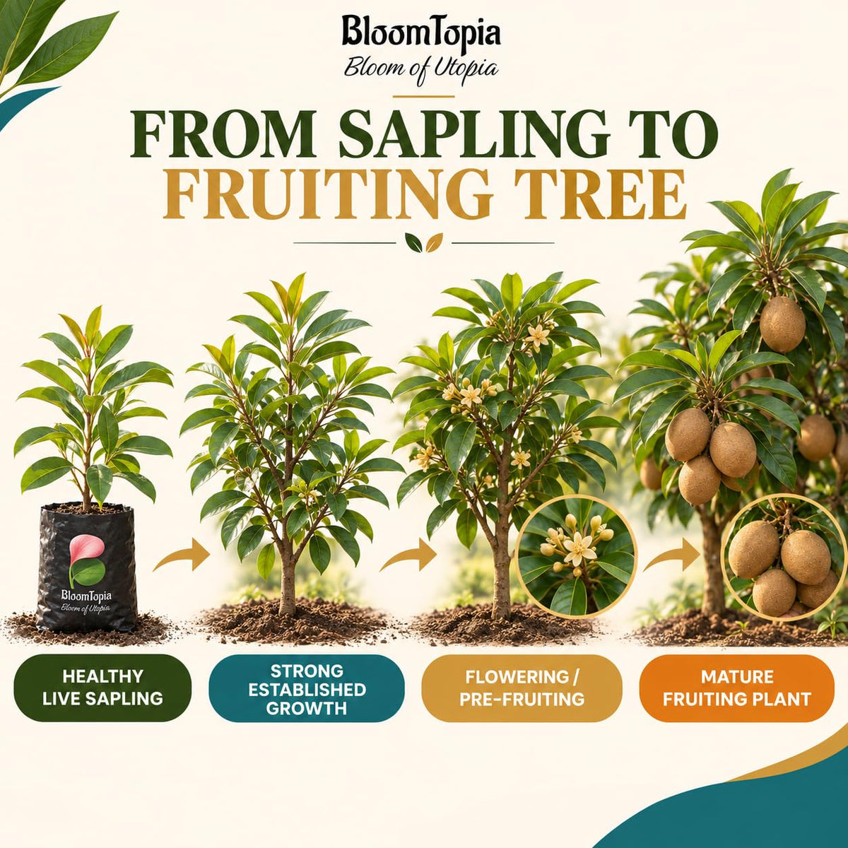 Illustrated growth stages for Hybrid Chiku Sapodilla, from young plant to mature growth.