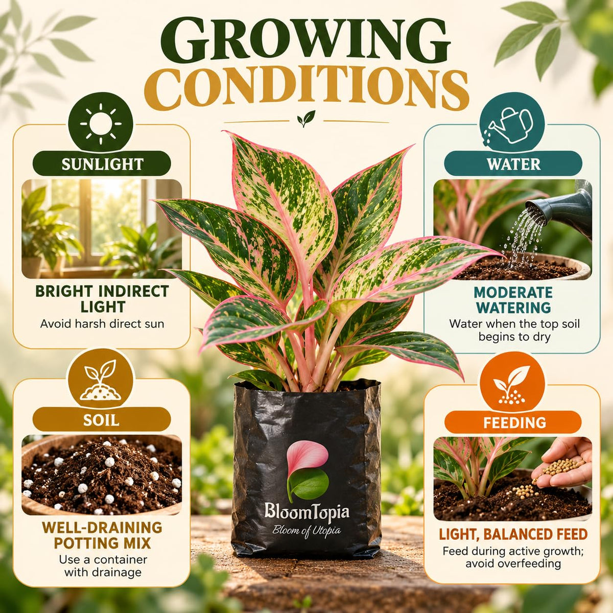 Sunlight, water, soil and feeding guide for Aglaonema.