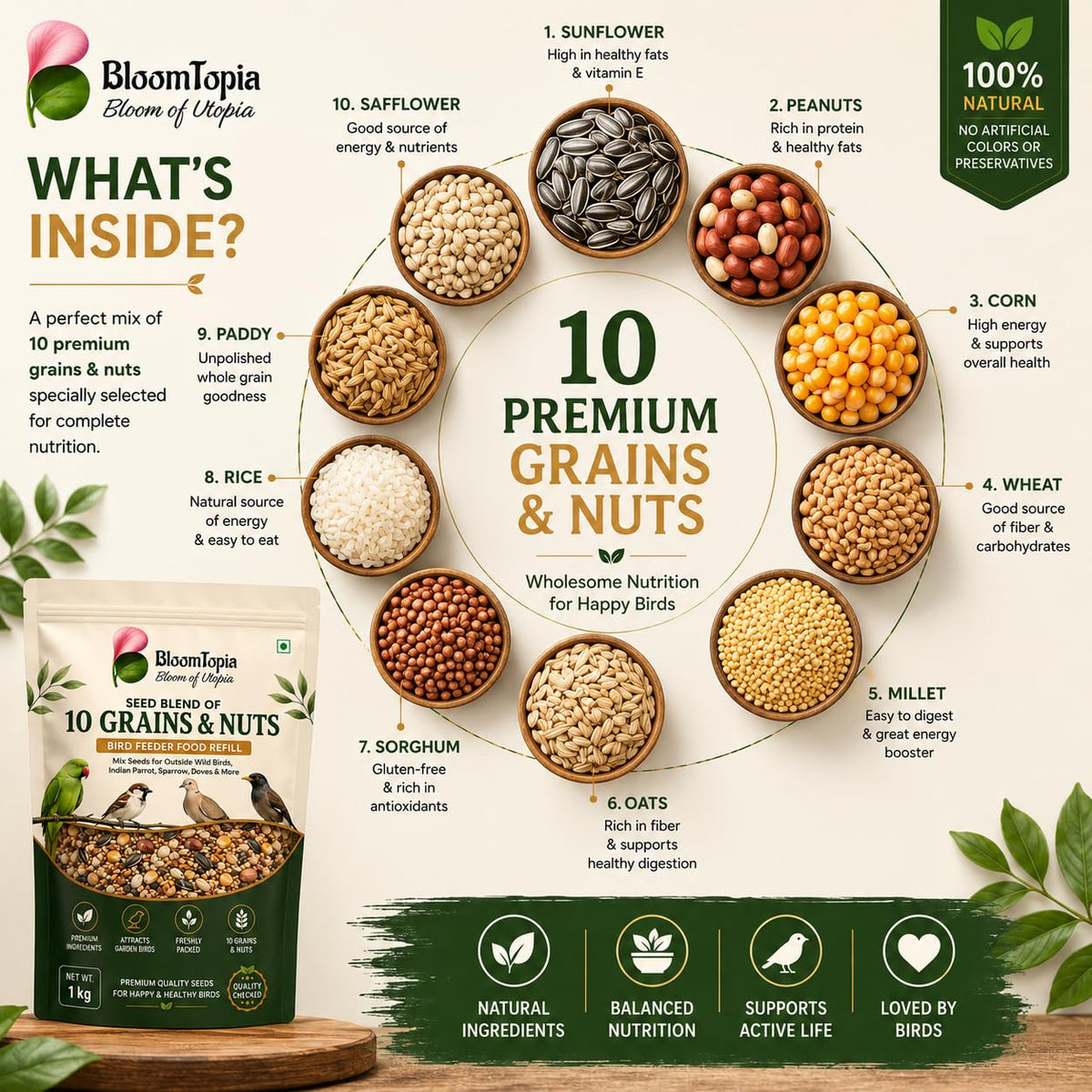 Illustrated ingredient panel for the bird seed mix.