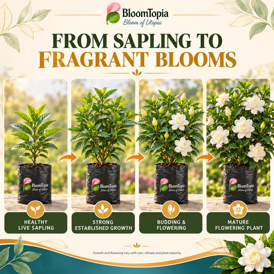 Illustrated growth stages for Gandharaj Gardenia, from young plant to mature growth.