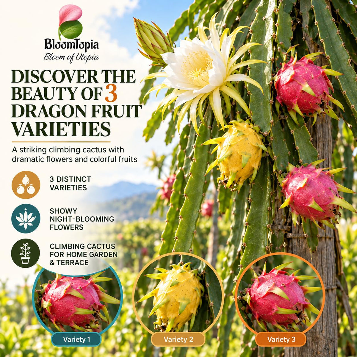 Illustration of mature Dragon Fruit features with variety callouts.