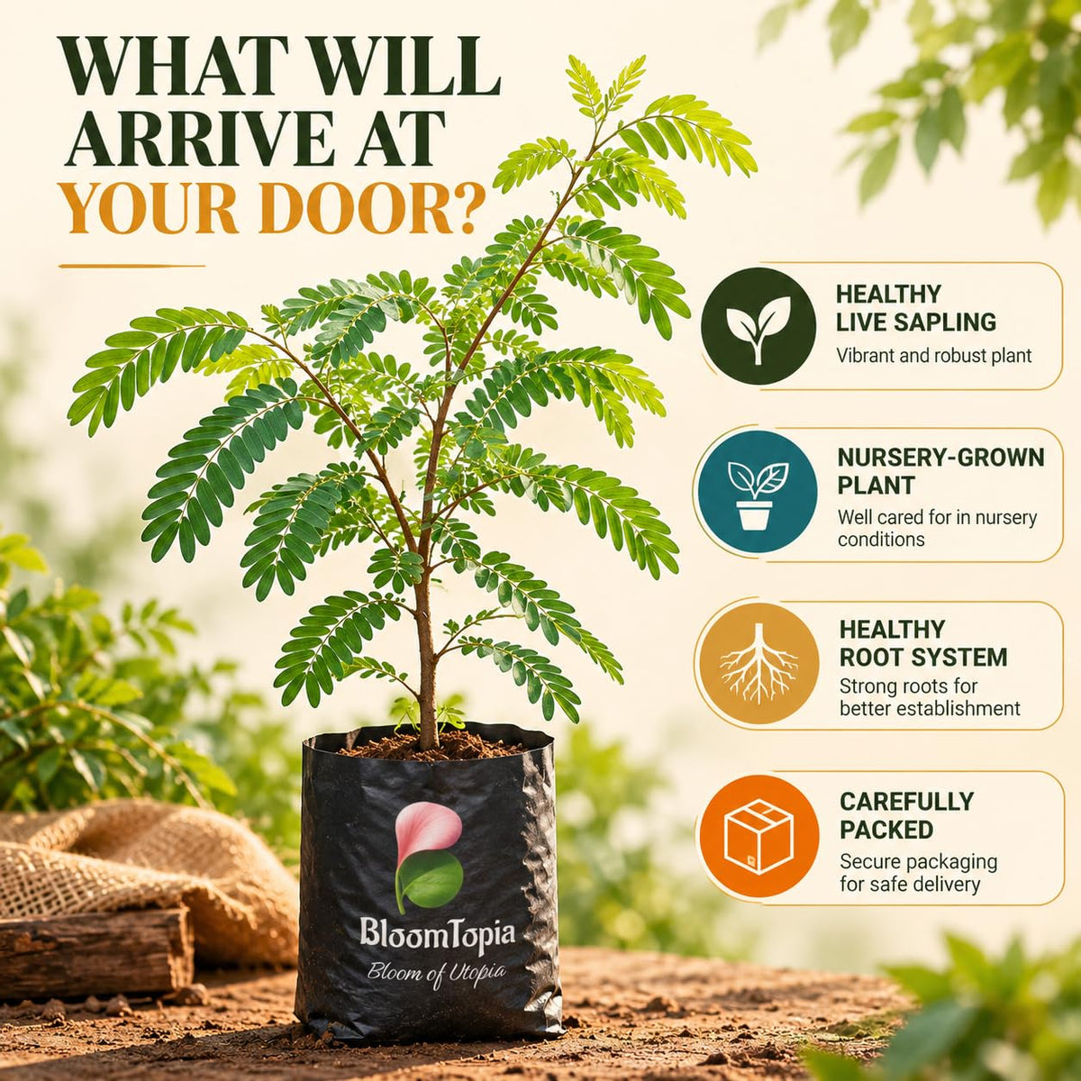 Illustrated plant, root close-ups and pack-presentation panel for Tamarind (Imli/Tetul).