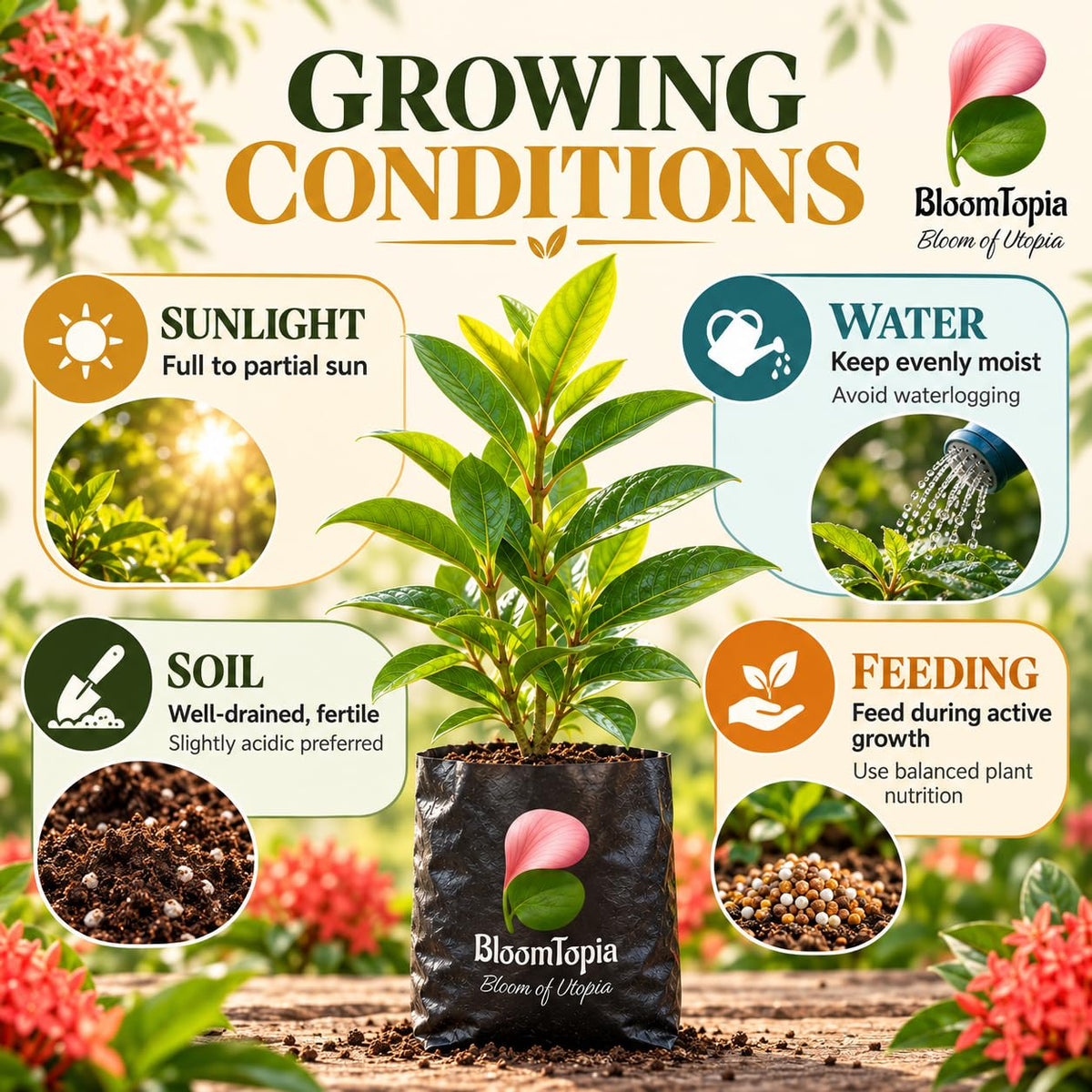 Sunlight, water, soil and feeding guide for Rangan Ixora.