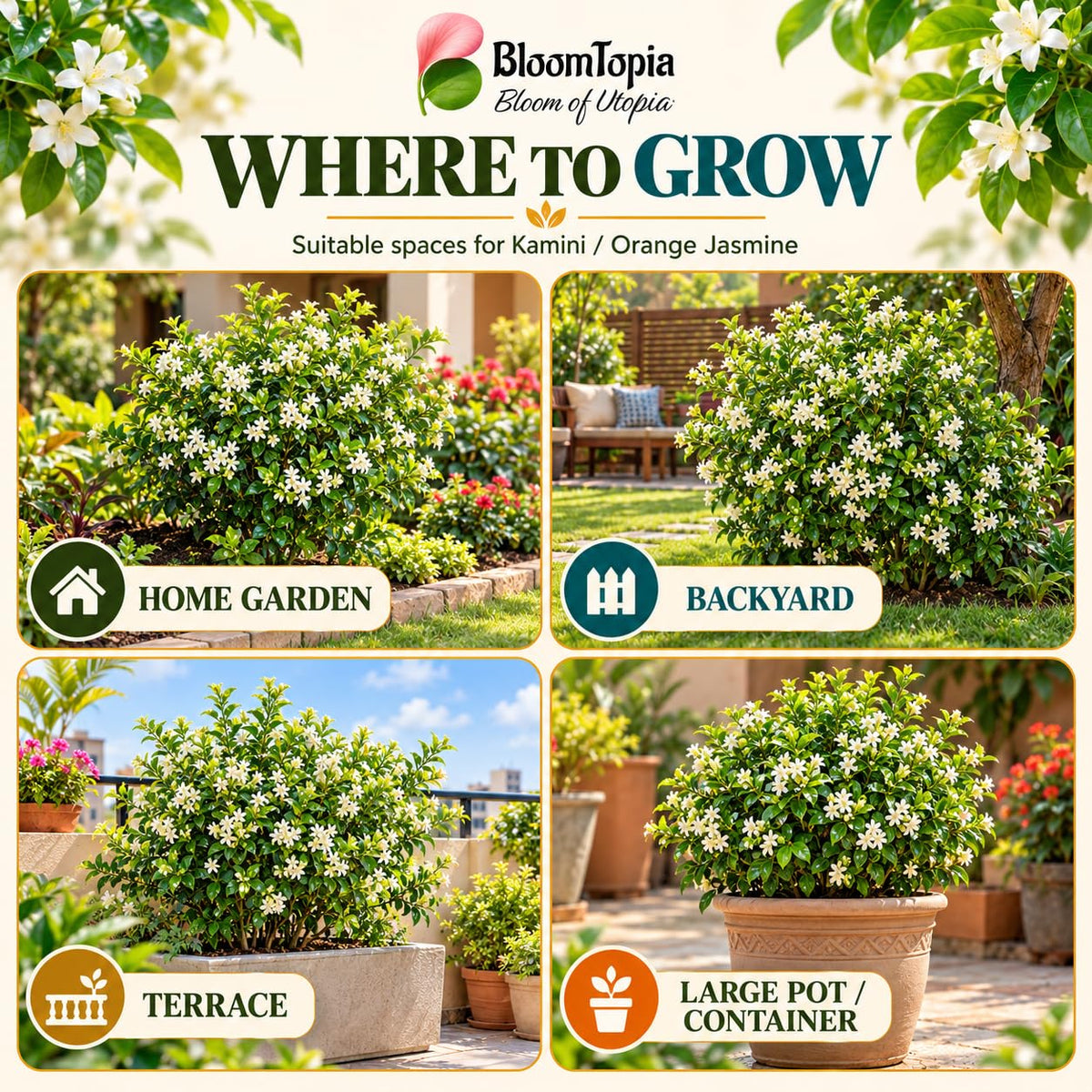 Illustrated growing locations for Kamini (Orange Jasmine).