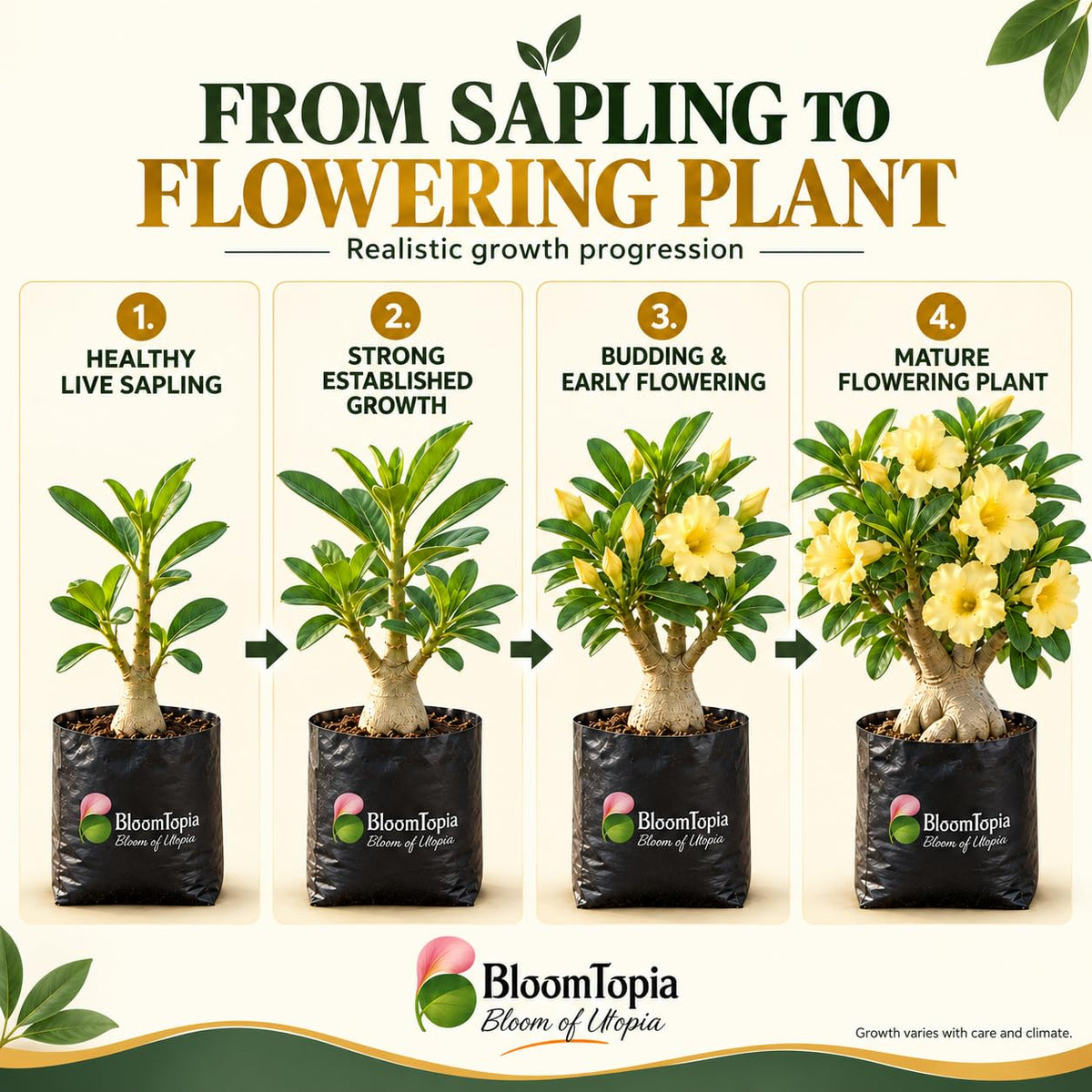 Illustrated growth stages for Yellow Adenium Desert Rose Bonsai, from young plant to mature growth.