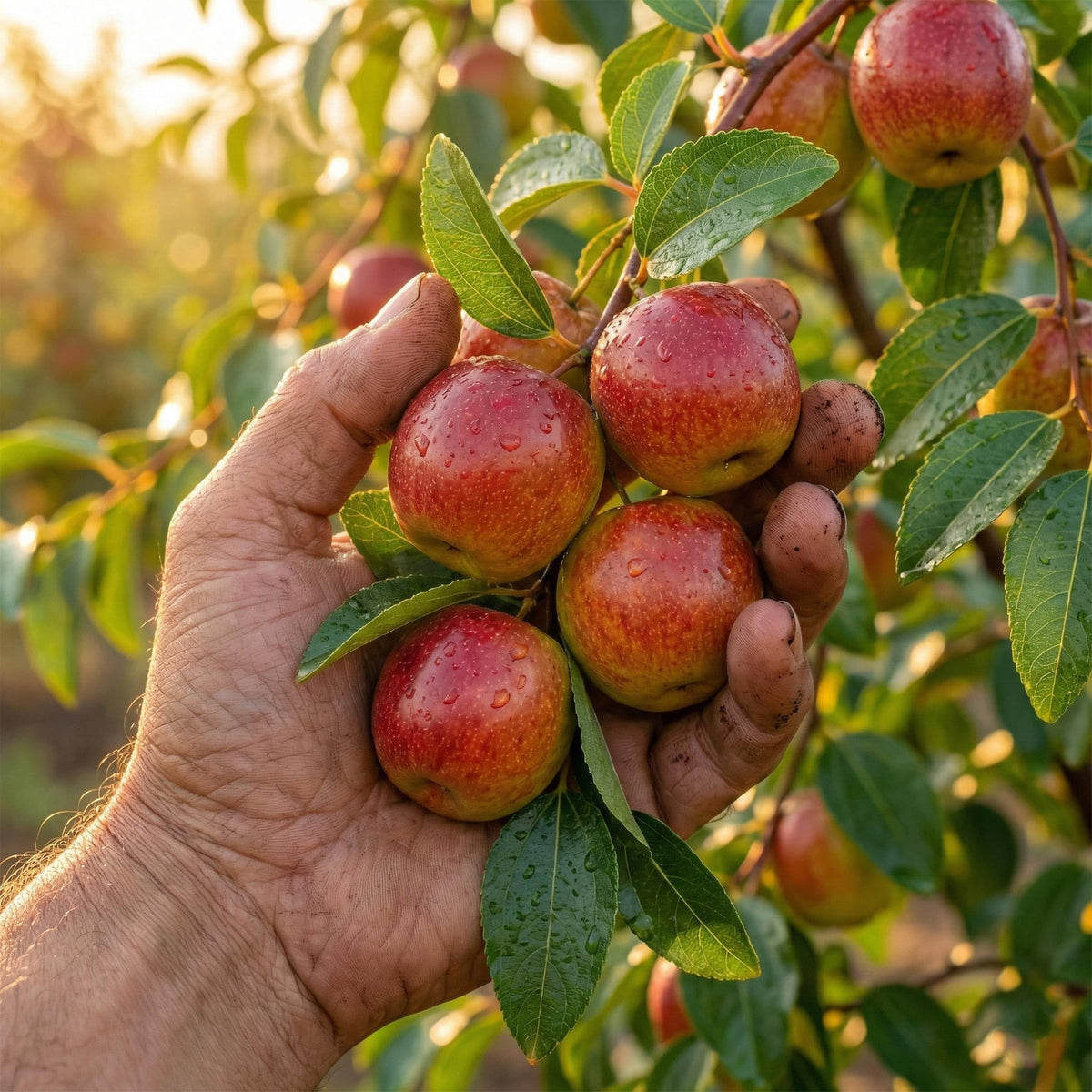 Hand holding red and green apple ber fruits.