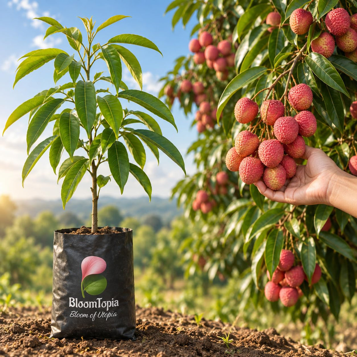 Illustration comparing young Muzaffarpur Shahi Litchi nursery growth with a mature plant.