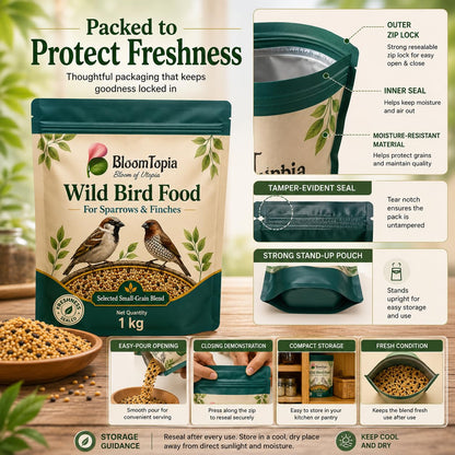 Front and back views of the bird food packaging.