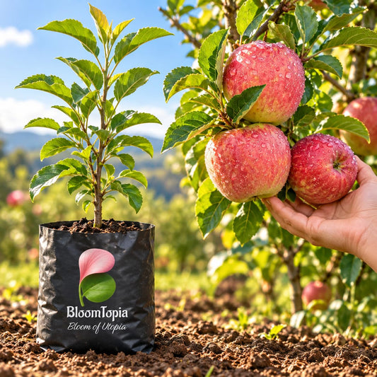 Illustration comparing young Anna Apple nursery growth with a mature plant.