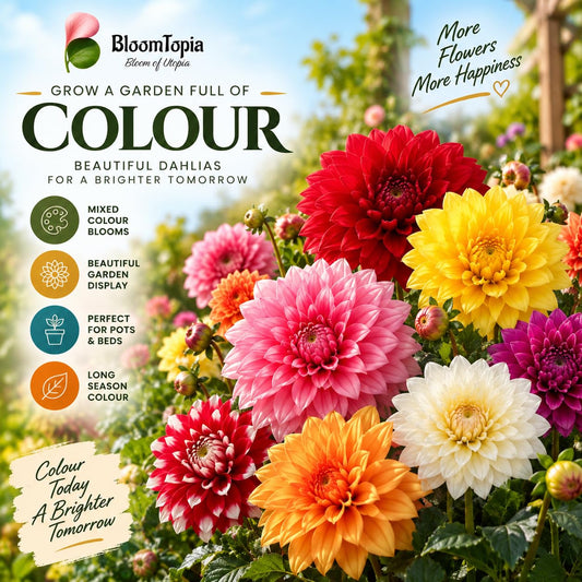 Dahlia flowers in a range of colours.