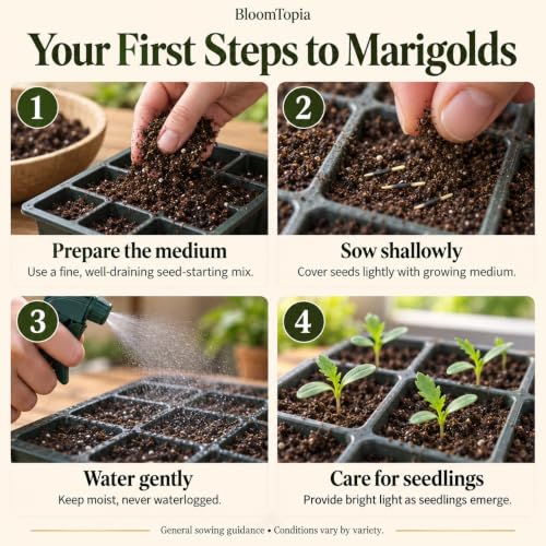 Four-step marigold sowing and seedling-care guide.