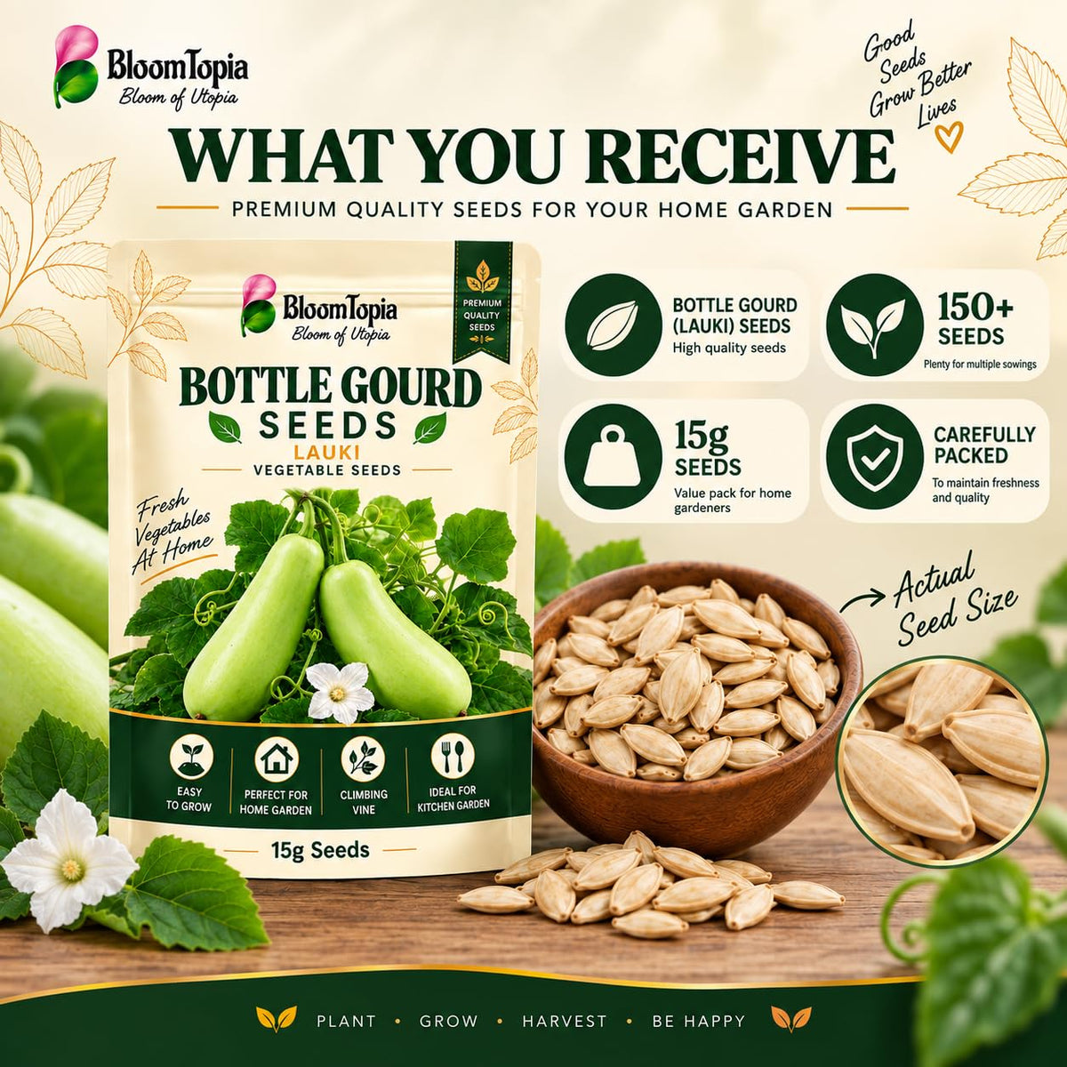 Bottle gourd seed pack and contents illustration.