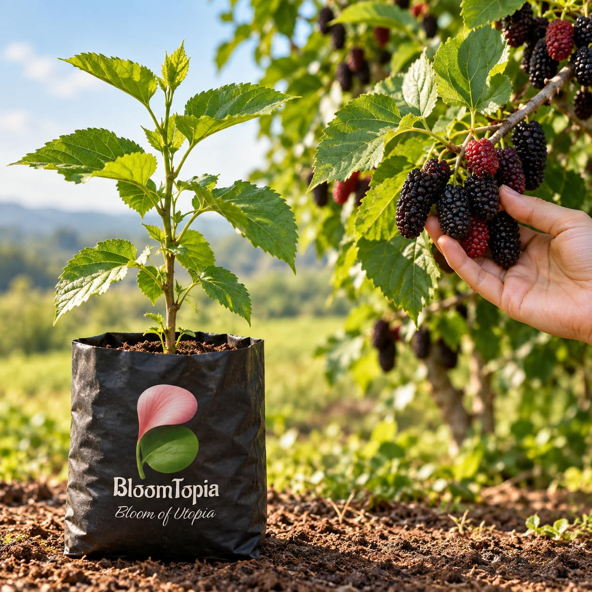 Illustration comparing young Black Mulberry Shahtoot nursery growth with a mature plant.