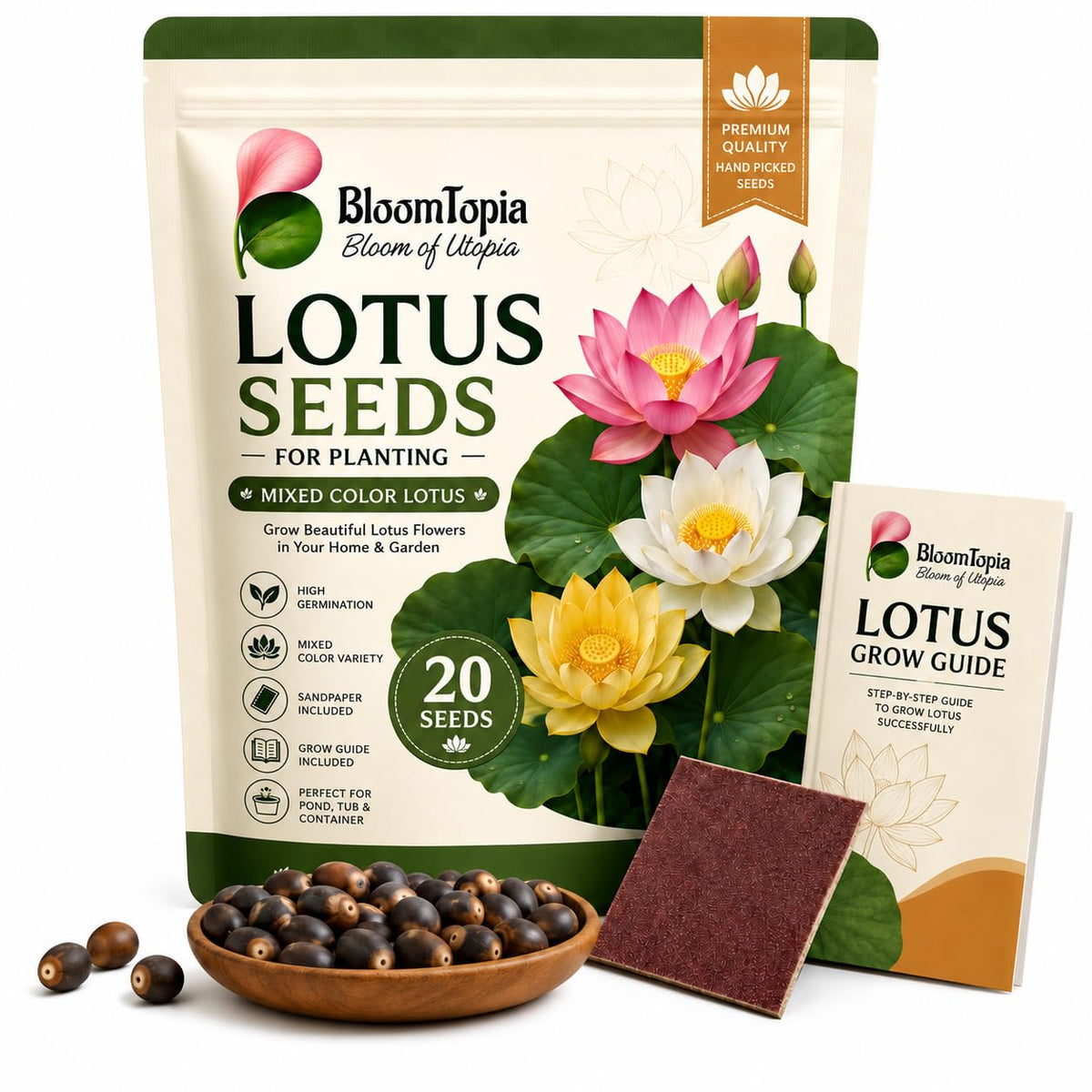 BloomTopia lotus seed pouch beside illustrated lotus flowers and seeds.