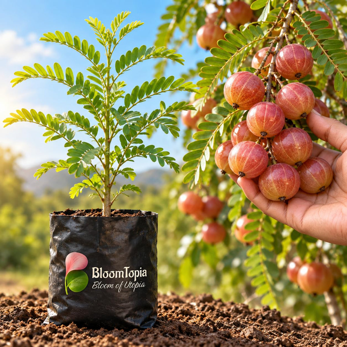 Illustration comparing young Lal Amla nursery growth with a mature plant.