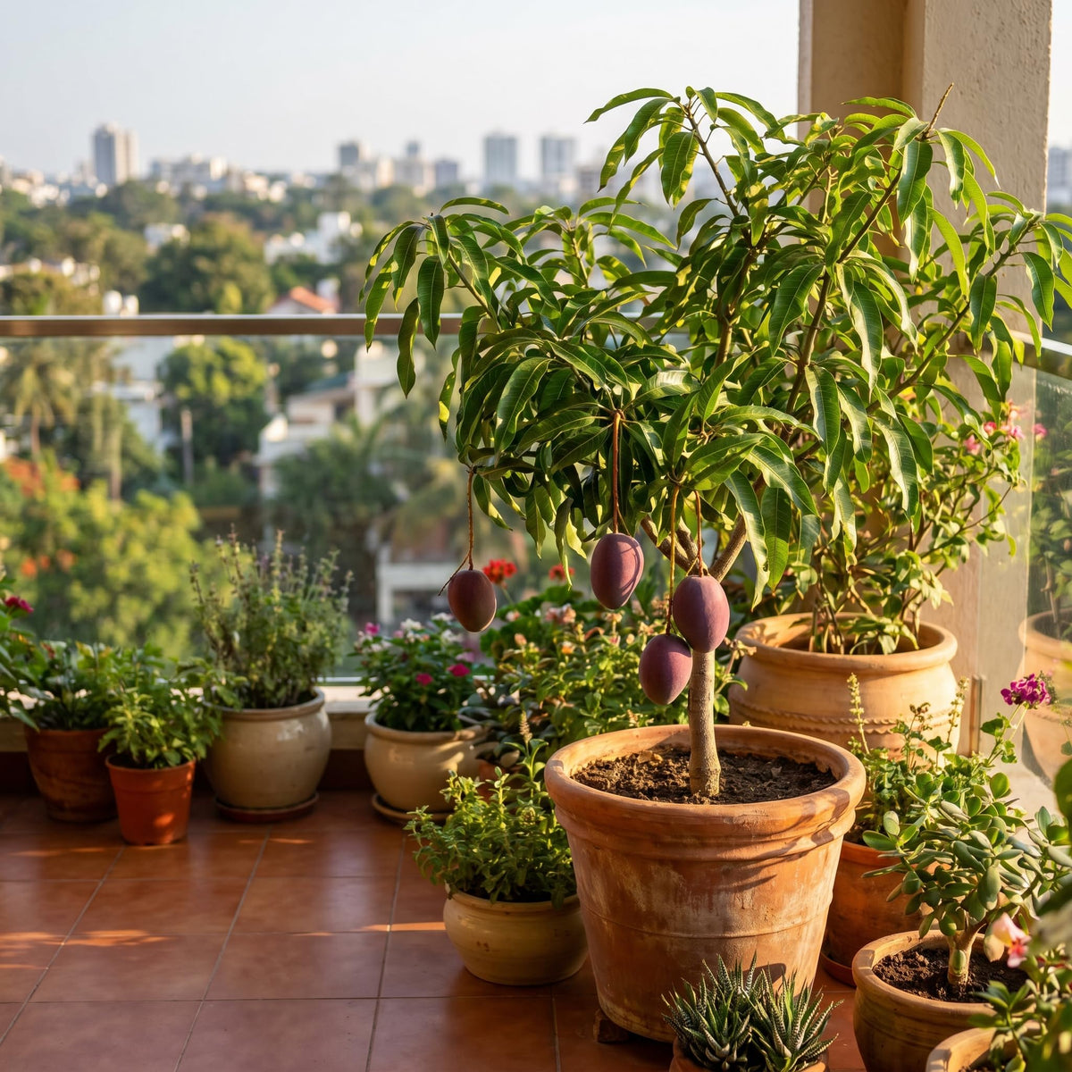Mango tree growing in a patio pot.