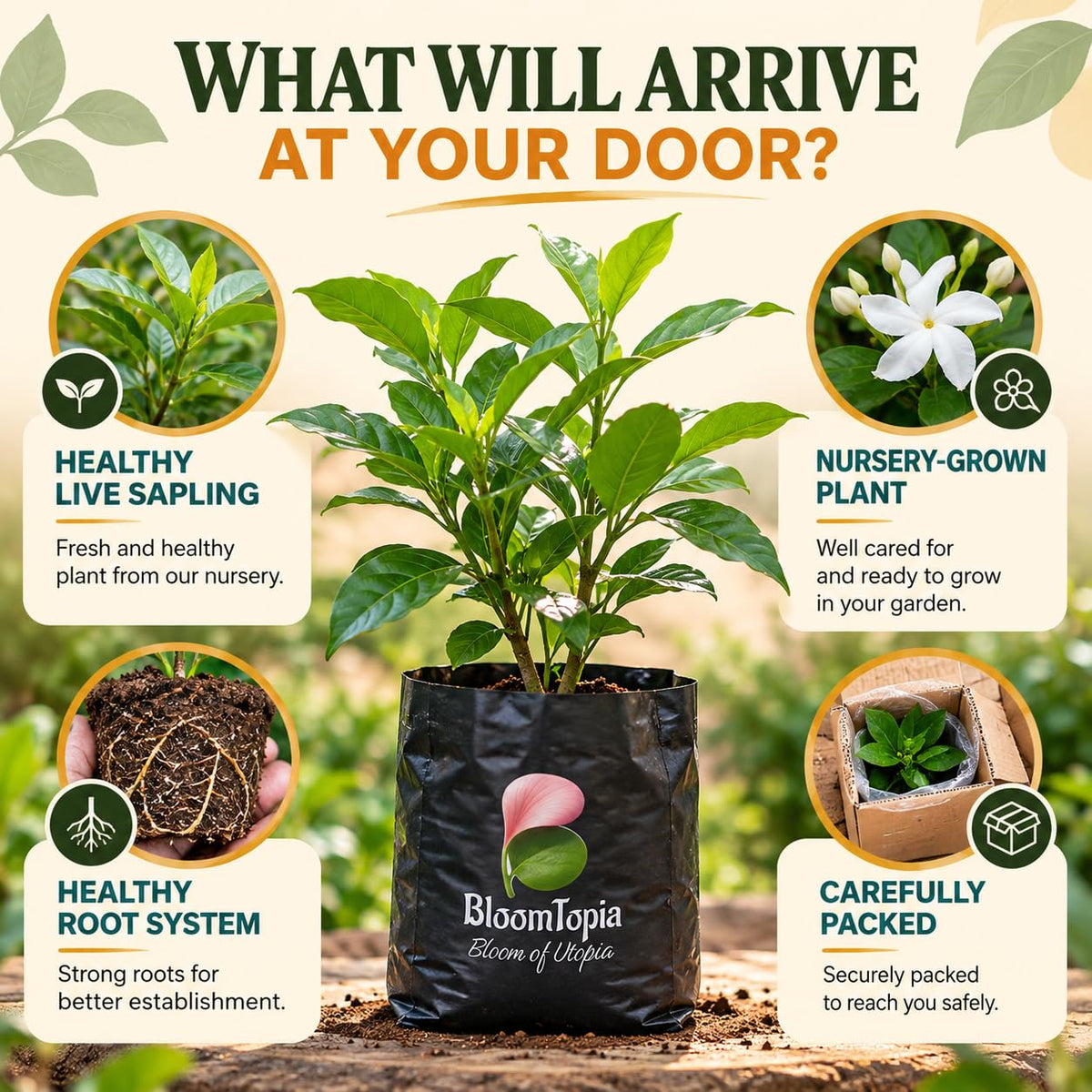 Illustrated plant, root close-ups and pack-presentation panel for Tagar Crape Jasmine.