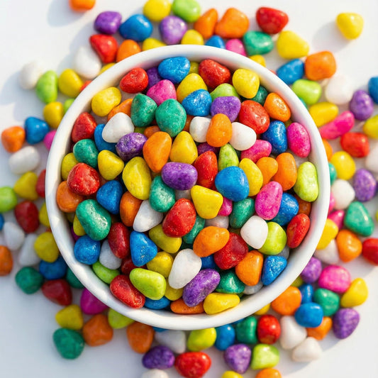 Bowl of brightly coloured decorative stones.