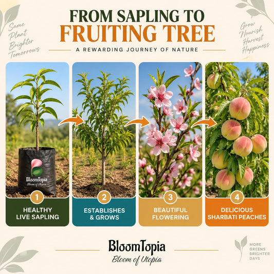 Illustrated growth stages for Sharbati Peach Grafted, from young plant to mature growth.