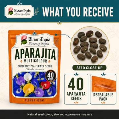 Aparajita seed pouch with a loose-seed close-up and pack details.