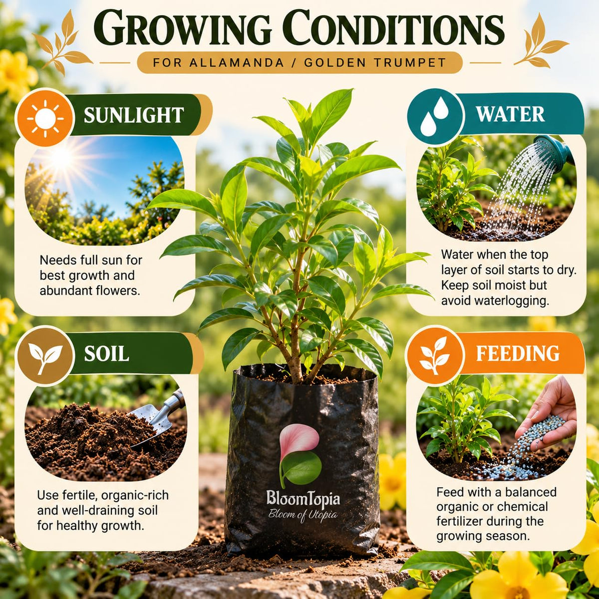 Sunlight, water, soil and feeding guide for Allamanda Golden Trumpet.
