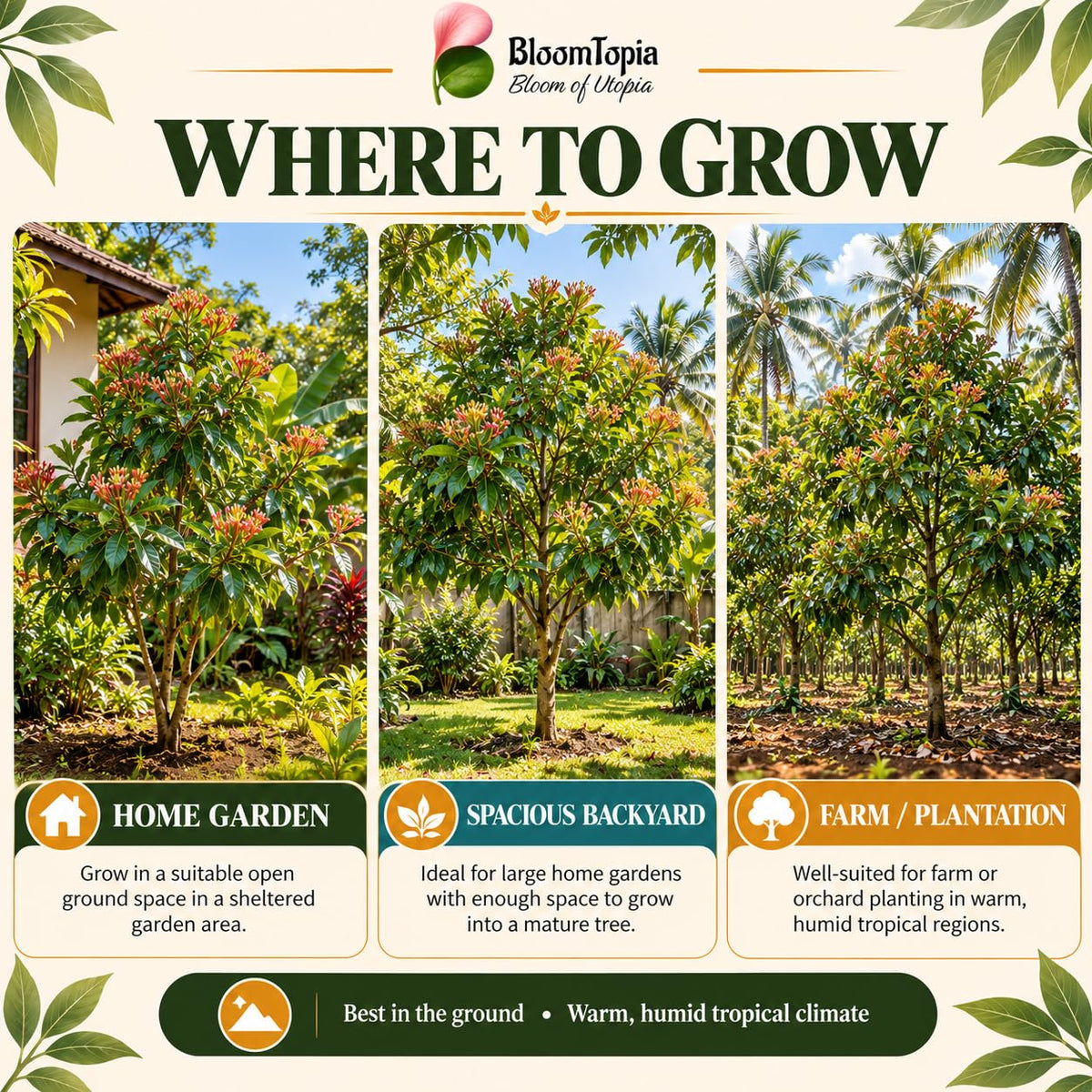 Garden and orchard growing locations for clove.