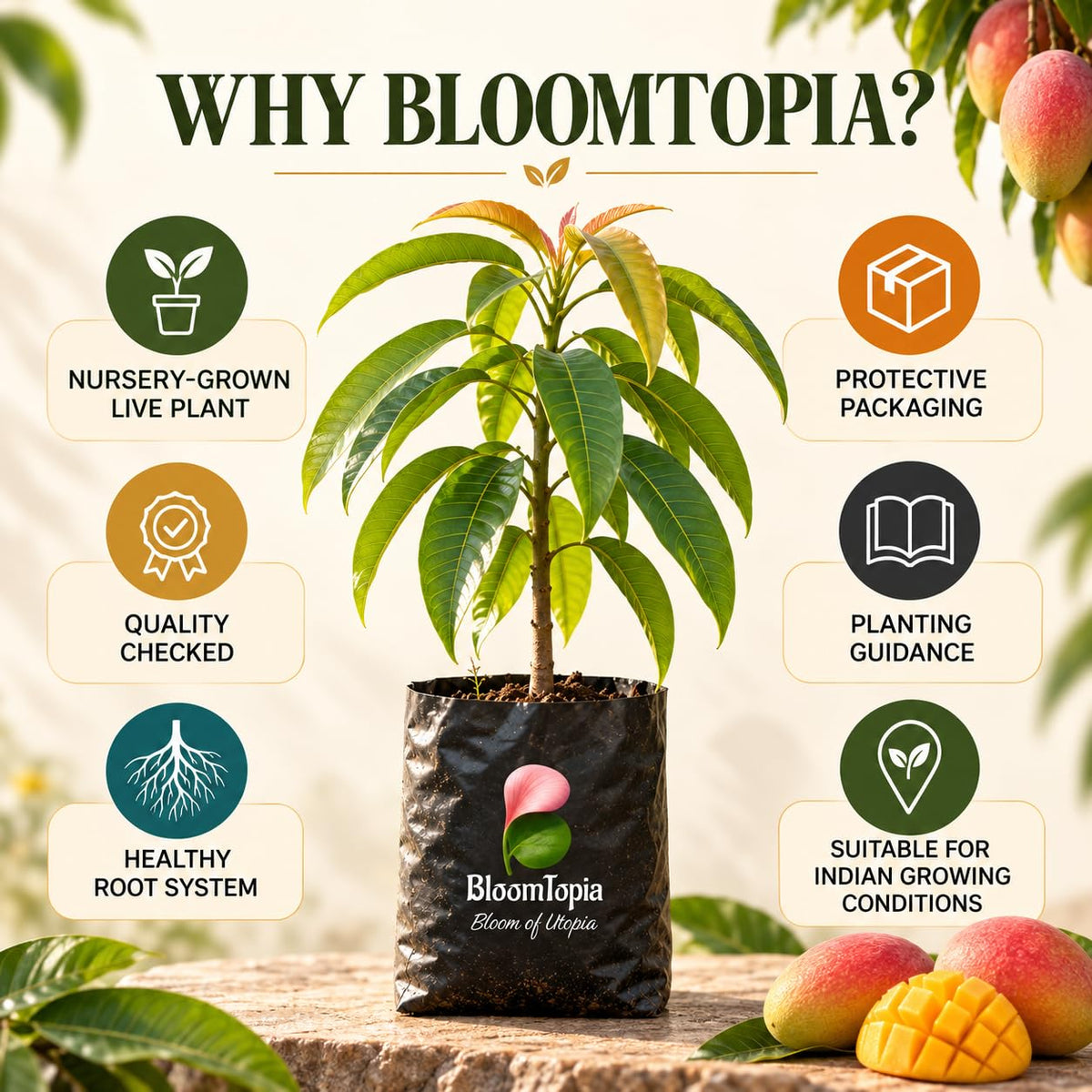 BloomTopia plant-handling and brand-information panel featuring Miyazaki Mango.