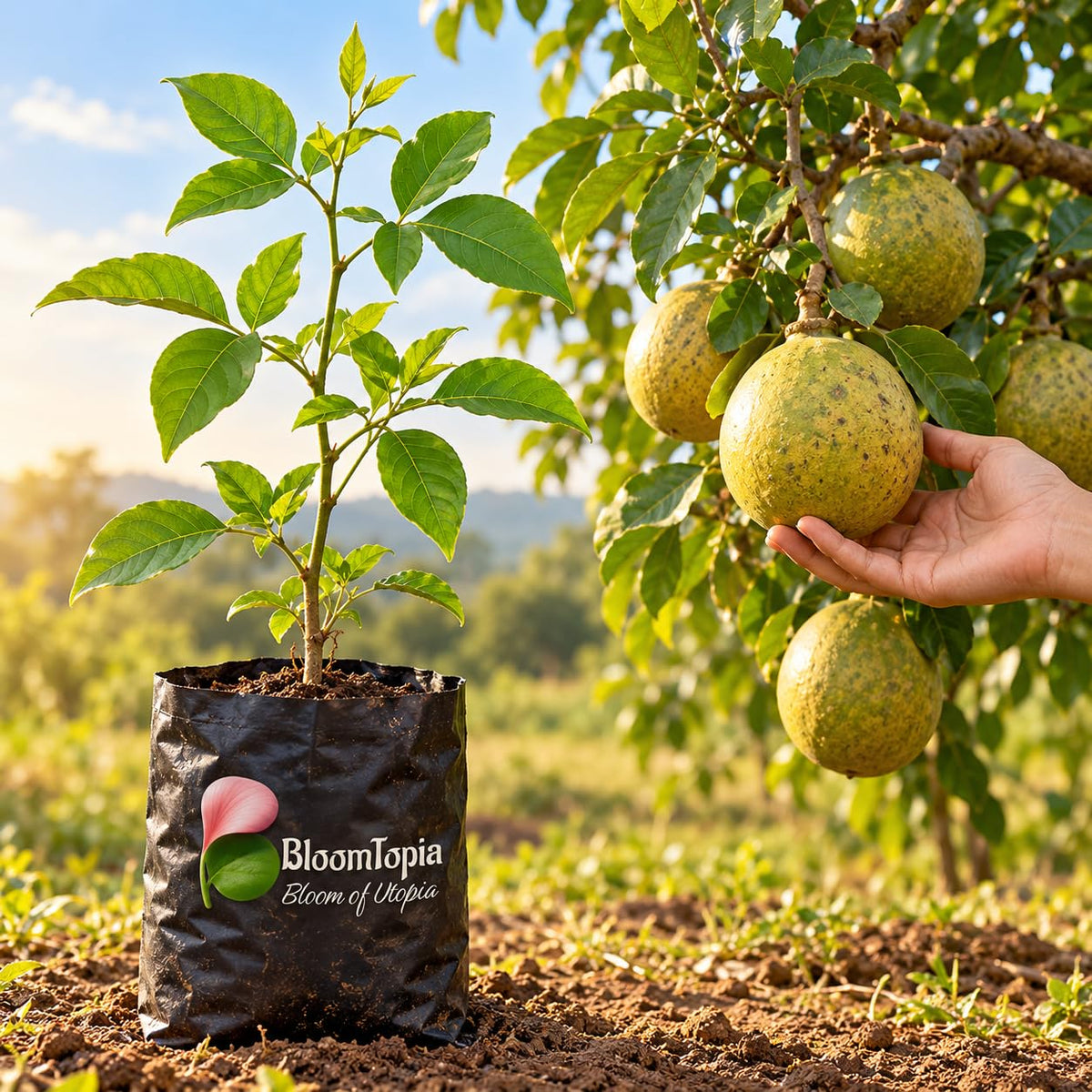 Illustration comparing young Mishti Bel nursery growth with a mature plant.