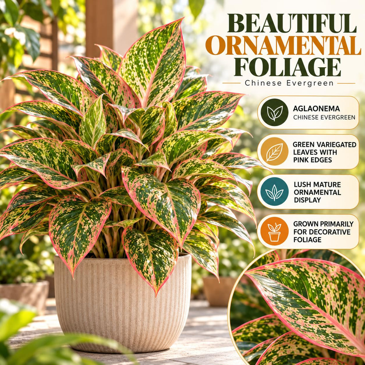 Illustration of mature Aglaonema features with variety callouts.