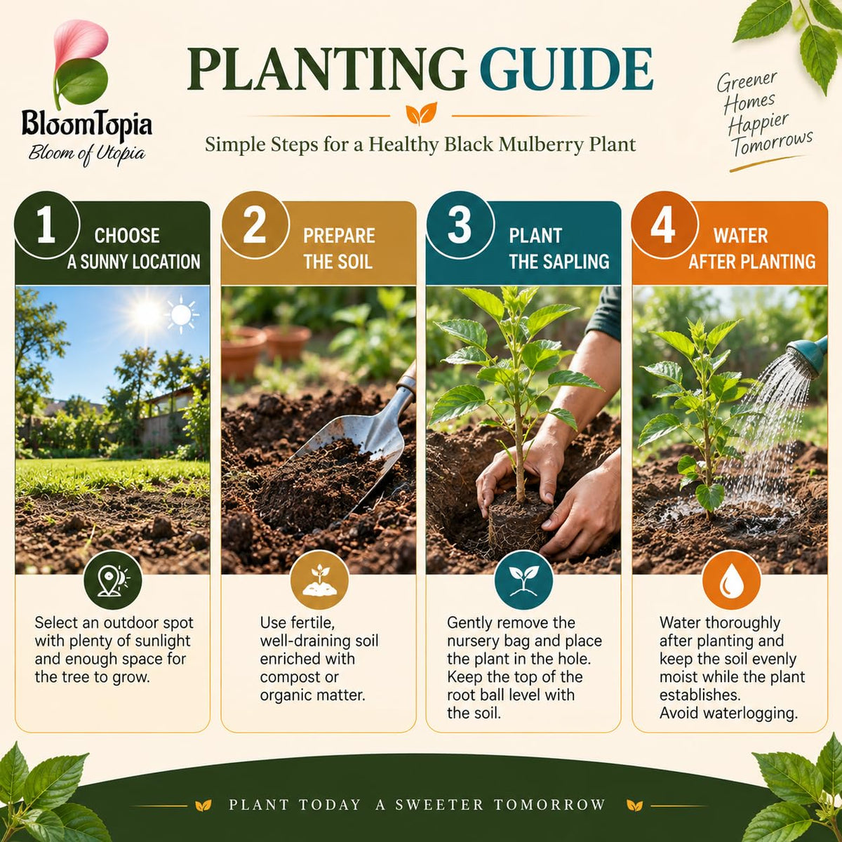 Step-by-step planting illustration for Black Mulberry Shahtoot.