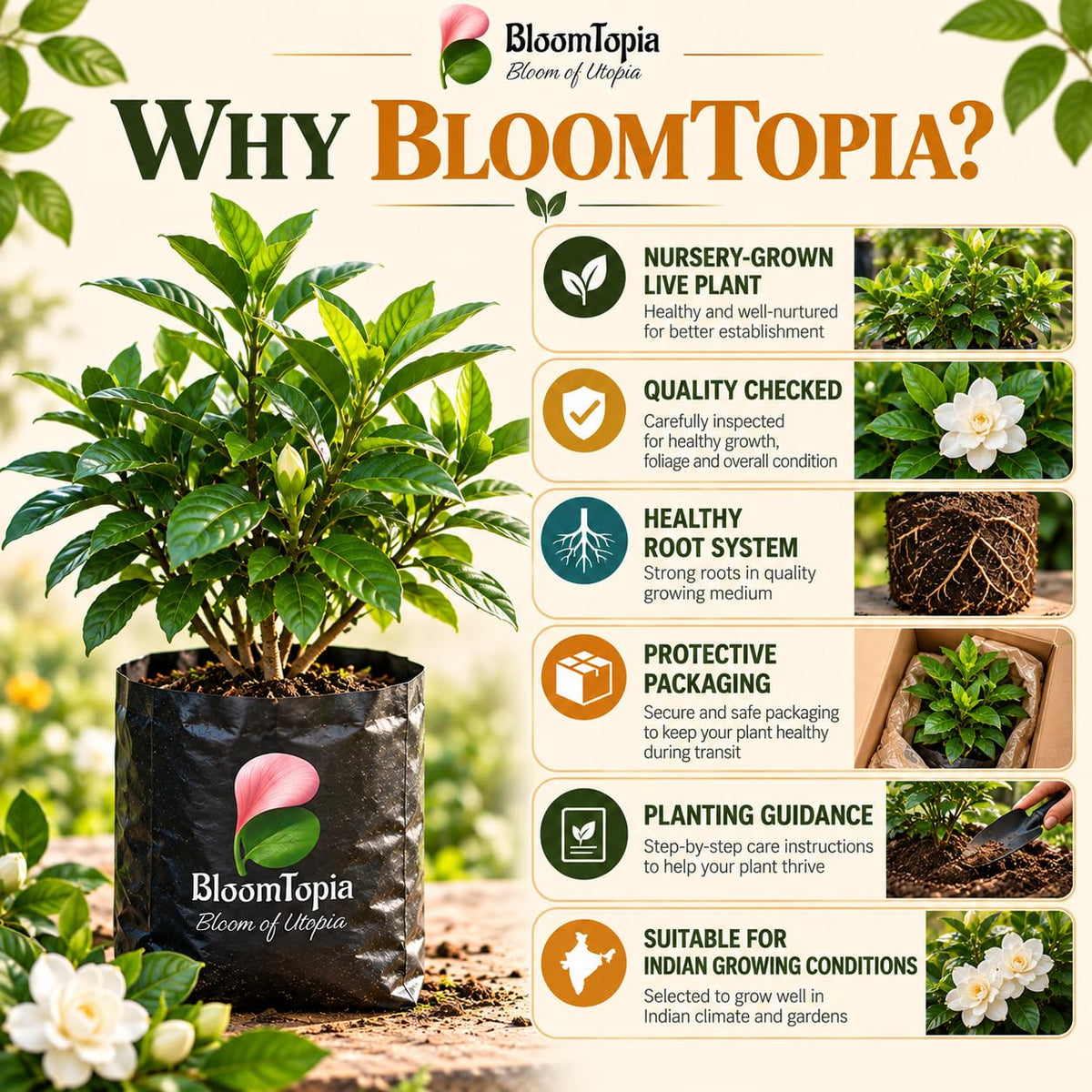 BloomTopia plant-handling and brand-information panel featuring Gandharaj Gardenia.