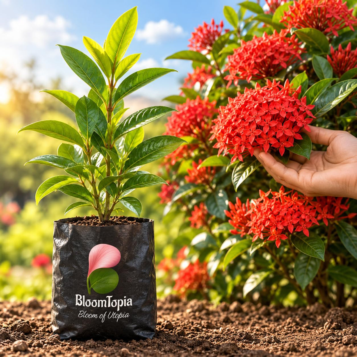 Illustration comparing young Rangan Ixora nursery growth with a mature plant.