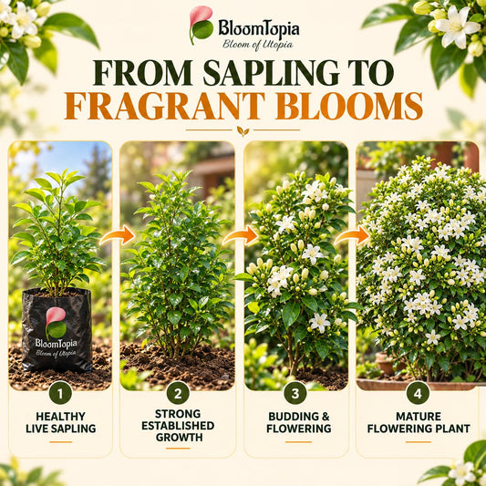 Illustrated growth stages for Kamini (Orange Jasmine), from young plant to mature growth.