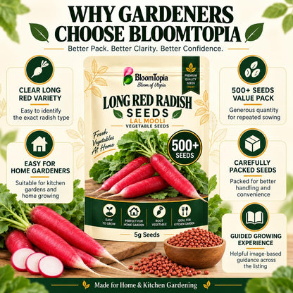 BloomTopia red radish seed-pack and brand-information panel.