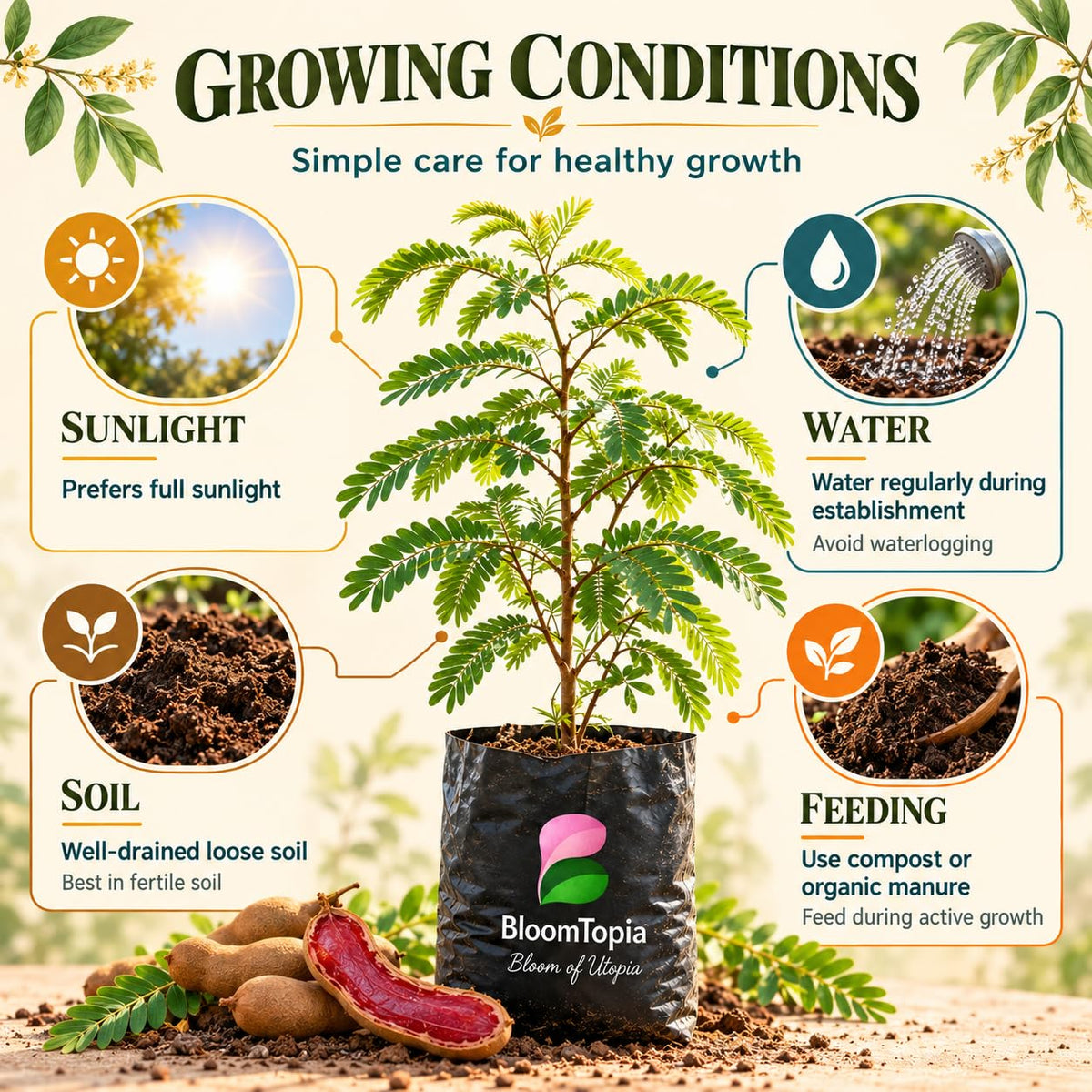 Sunlight, water, soil and feeding guide for Red Sweet Tamarind.