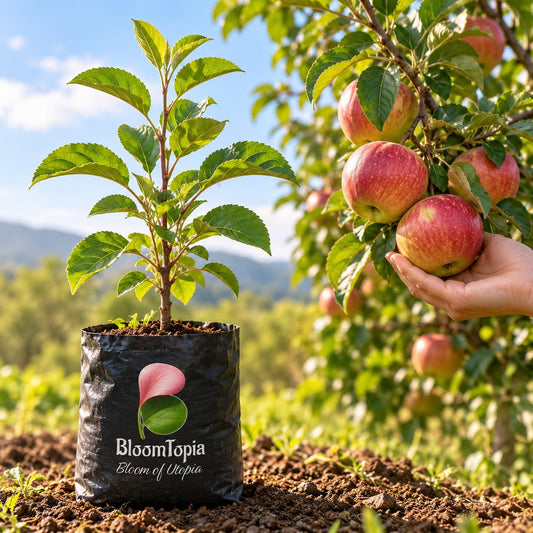 Illustration comparing young Darjeeling Apple nursery growth with a mature plant.