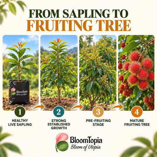 Illustrated growth stages for Exotic Red Rambutan, from young plant to mature growth.