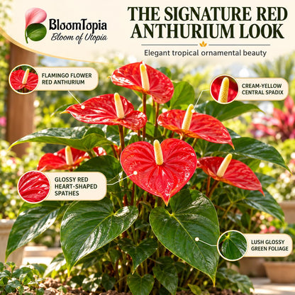 Illustration of mature Anthurium Red features with variety callouts.