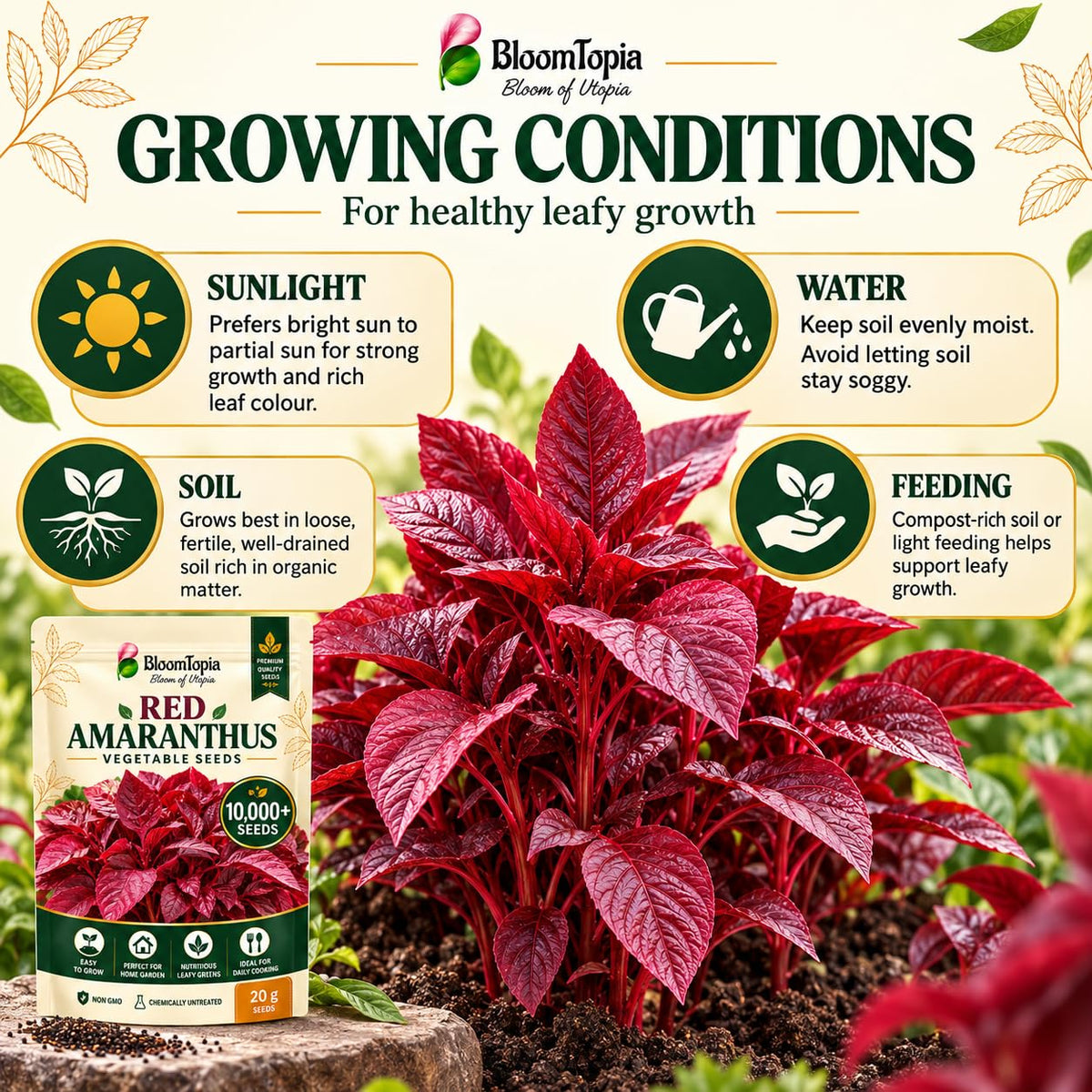 Red amaranthus sunlight, watering, soil and feeding guide.