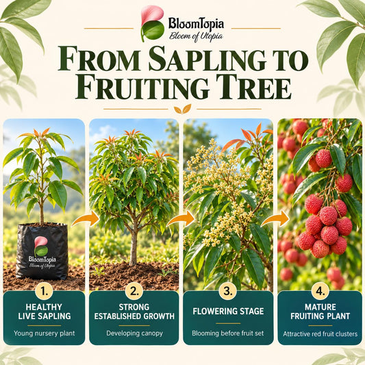 Illustrated growth stages for Bombay Litchi, from young plant to mature growth.