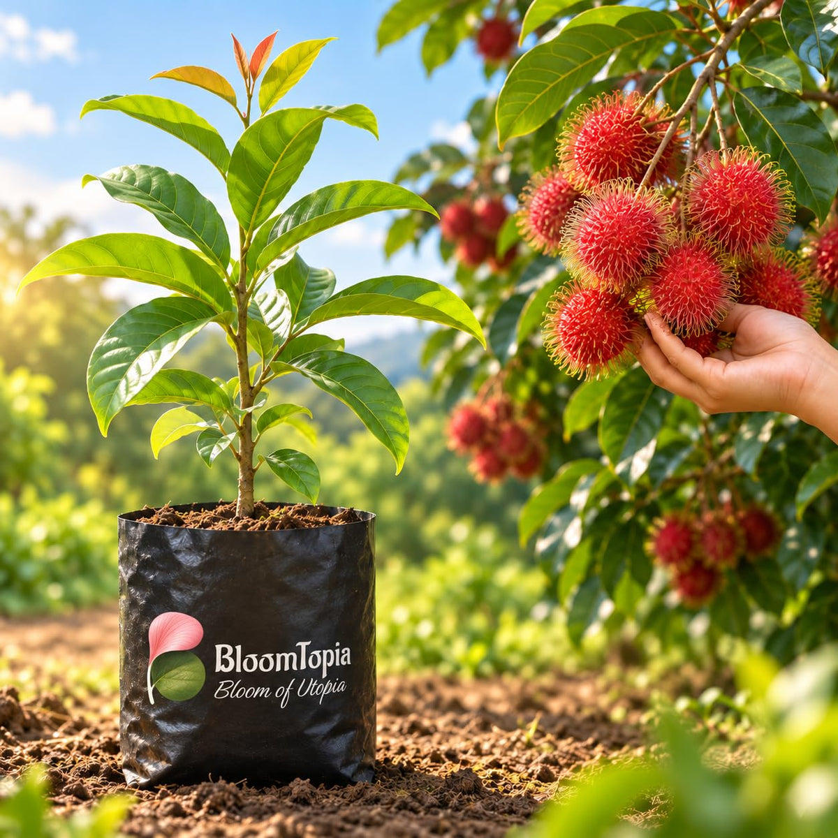 Illustration comparing young Exotic Red Rambutan nursery growth with a mature plant.