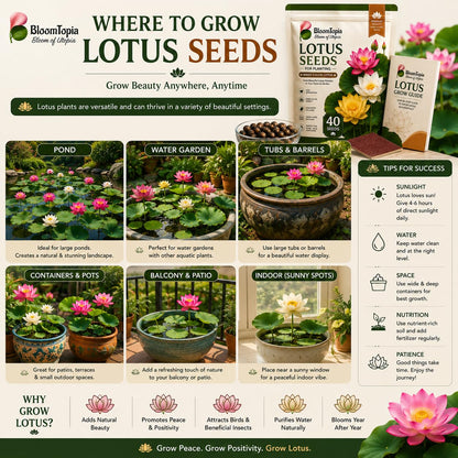 Lotus growing-location illustrations for outdoor containers and ponds.