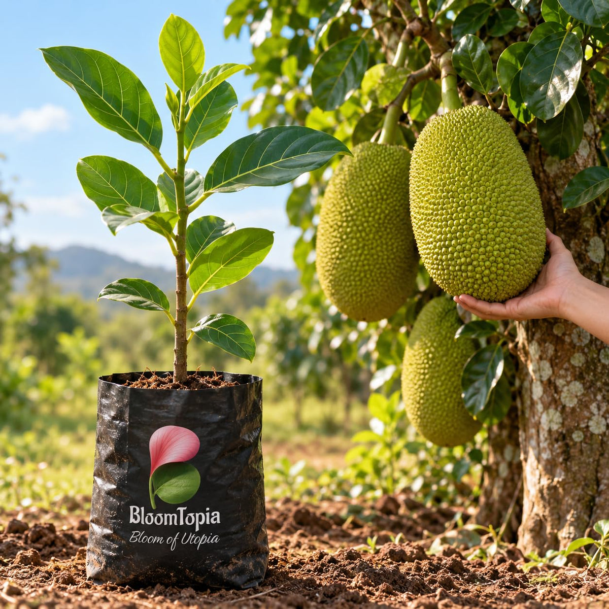 Illustration comparing young Thai All Time Grafted Jackfruit nursery growth with a mature plant.