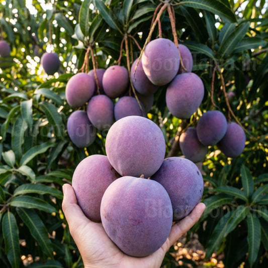 Dark-coloured mango fruits on a tree.